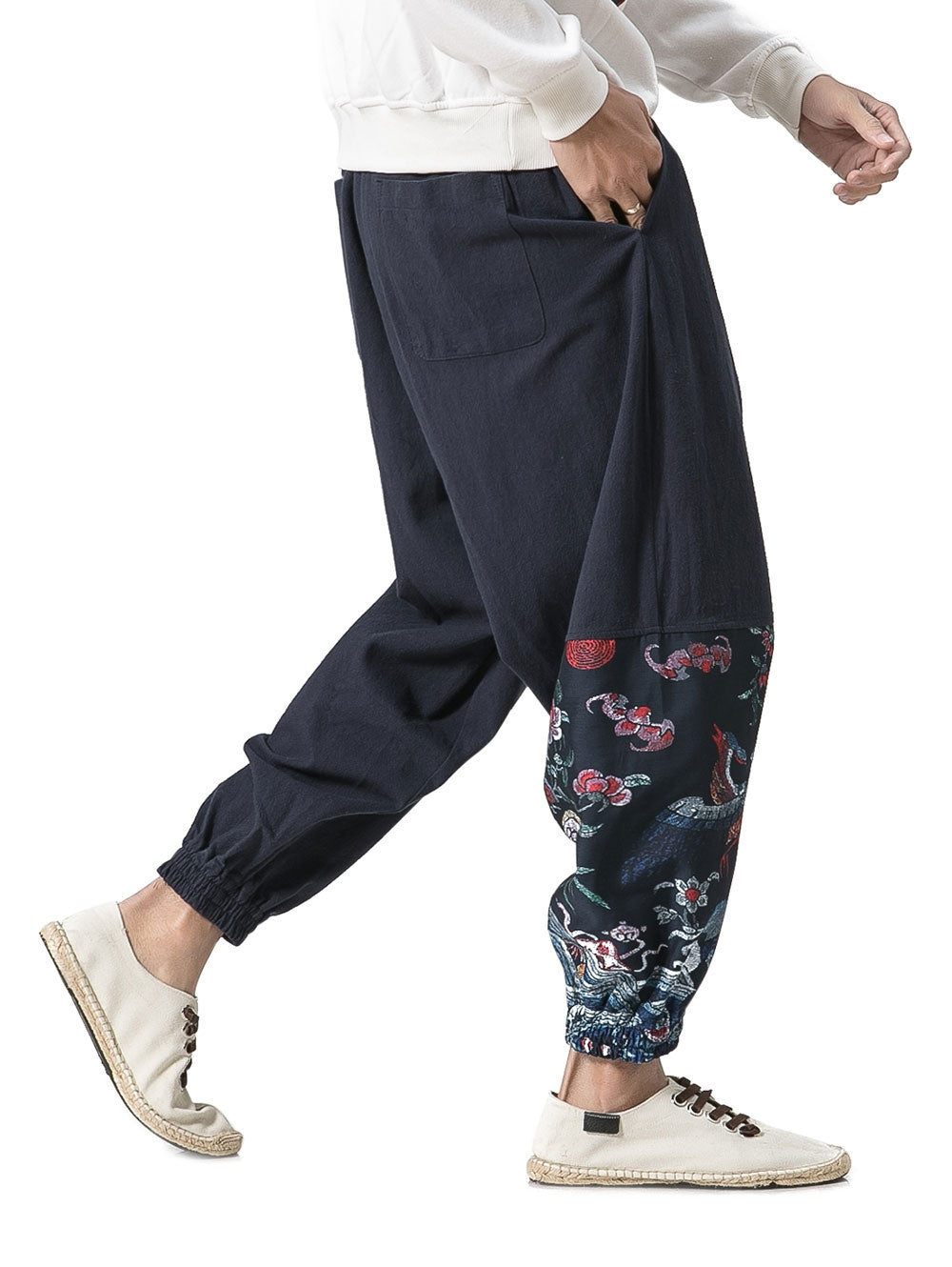 Chinoiserie Printed Cotton Linen Jogger Pants