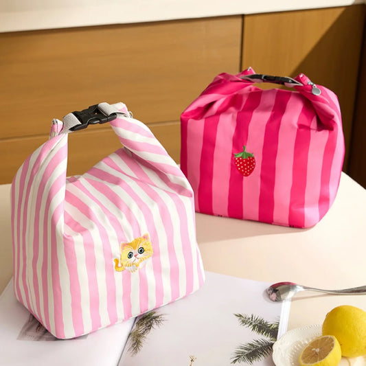 Pink Striped Strawberry Cat Insulated Lunch Bag
