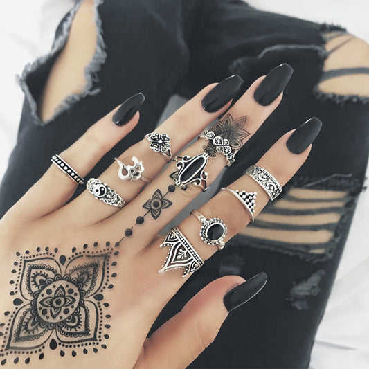 10pcs Bohemian Antique Silver Crown Star Moon Flower Rings Set