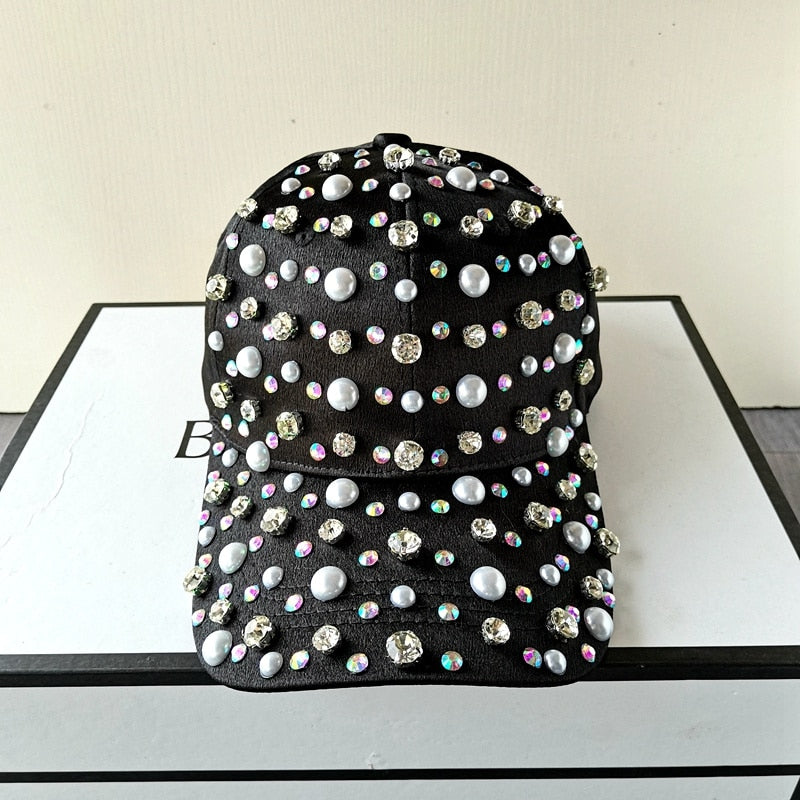 Harajuku Style Rhinestone Pearl Baseball Hat - White Pink
