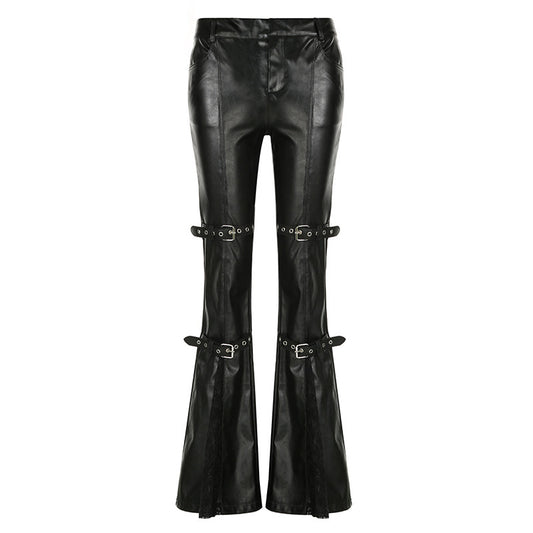 Lace Patchwork Leather Flared Pants