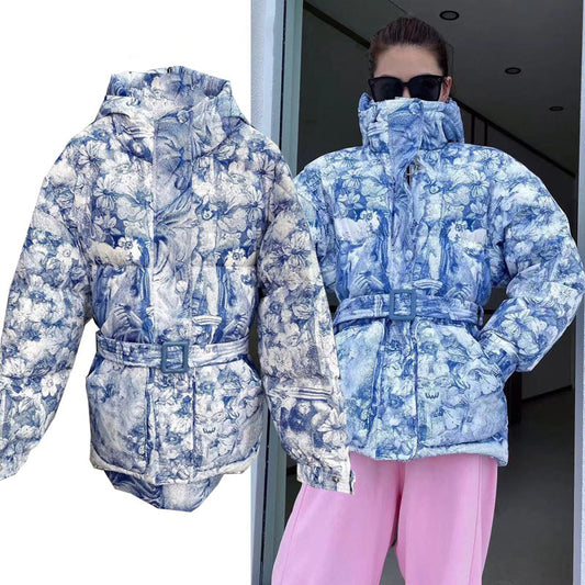 Thickened Warm Cotton Coat with Portrait Print