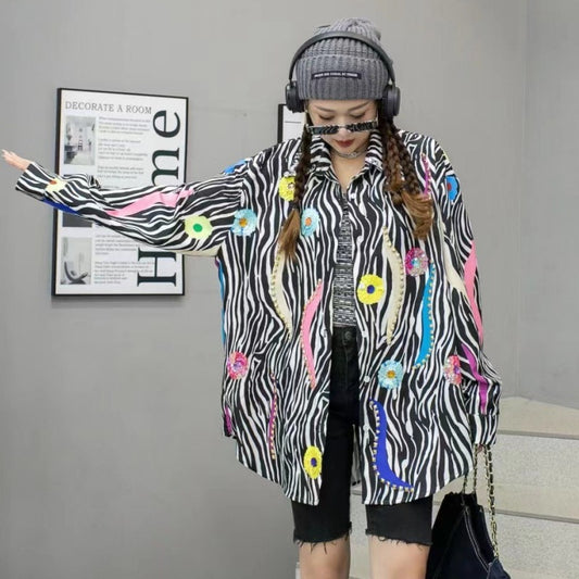 Playful Leopard Print Long-Sleeved Denim Shirt