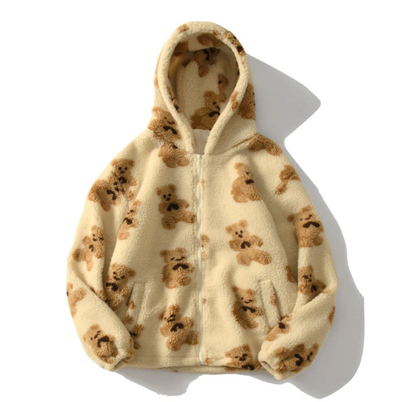 Playful Bear Hooded Plush Sweater for Women