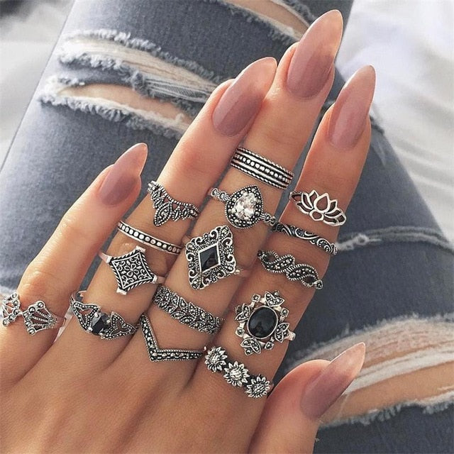 15 Pcs Bohemian Retro Crystal Flower & Leaf Silver Ring Set