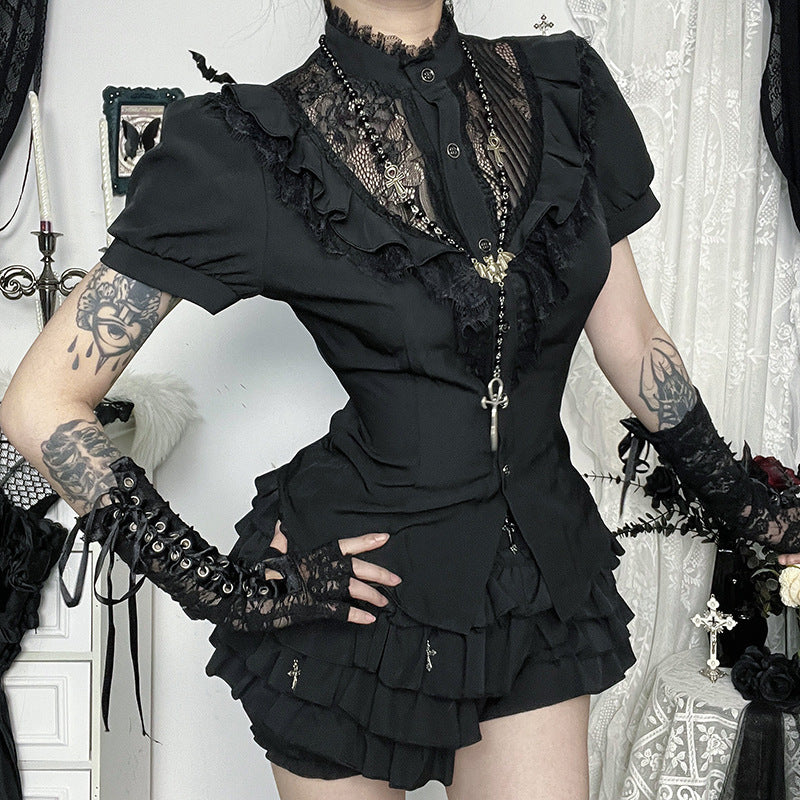 Black Lace Hollow-Out Short-Sleeved Top