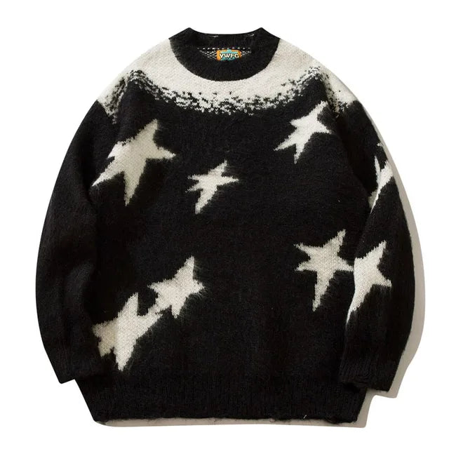 Star Graphic Patchwork Knitted Sweater - Hip Hop Harajuku Style