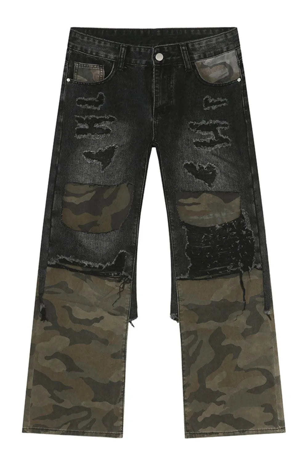 Distressed Camouflage Patchwork Jeans - Harajuku Style