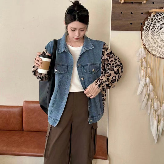 Retro Leopard Print Denim Patchwork Sweater Coat