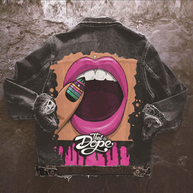 Harajuku Style Tongue Out Print Denim Jacket