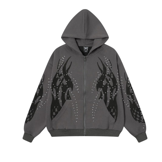 Flame Rhinestone Cardigan Zipper Hoodie