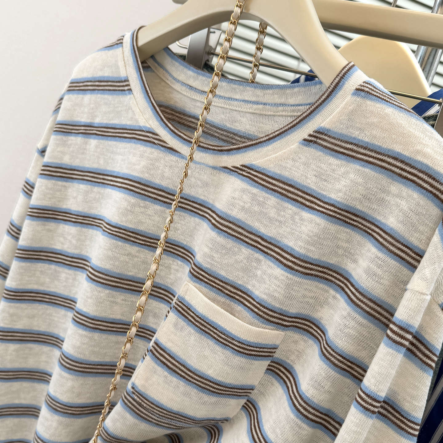 Striped Long Sleeve T-Shirt with Pocket Design for Women