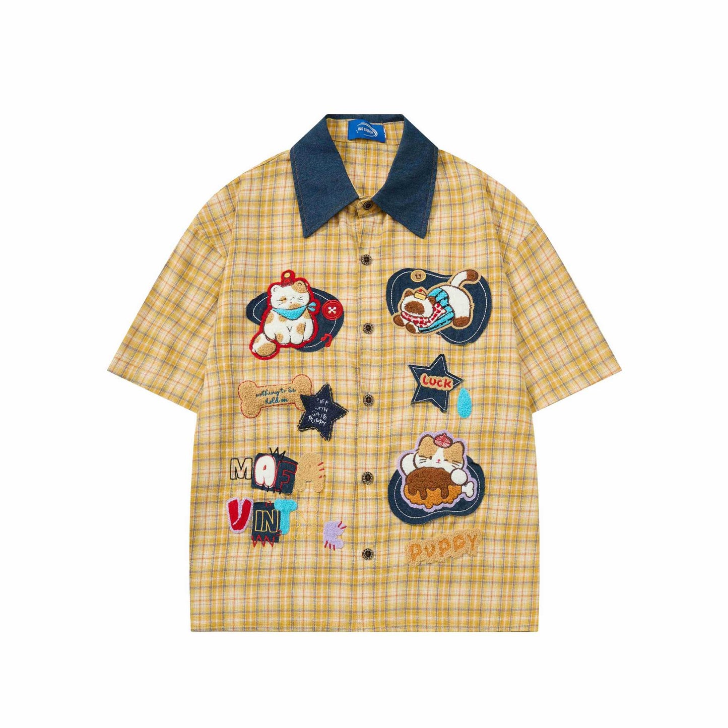 Cat Embroidered Yellow Grid Short Sleeve — Harajuku Style Cotton Tee