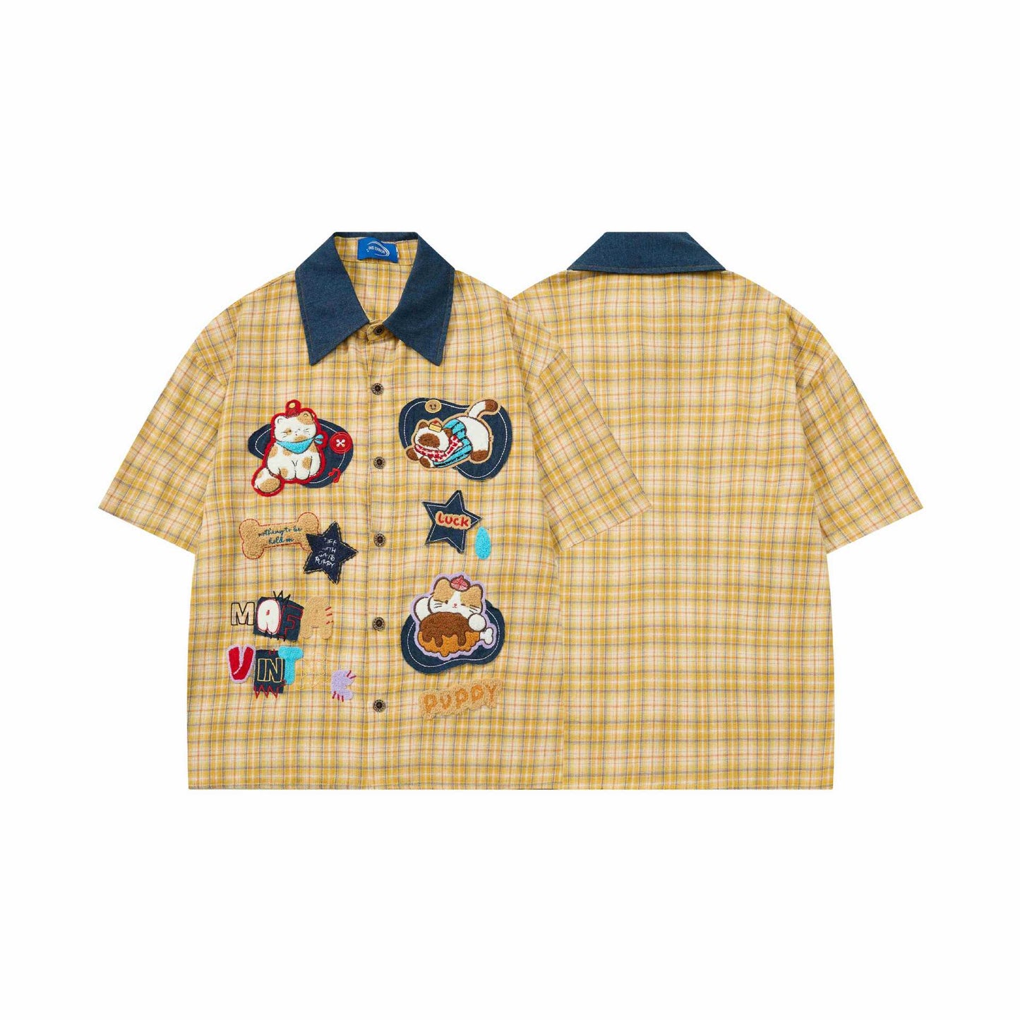 Cat Embroidered Yellow Grid Short Sleeve — Harajuku Style Cotton Tee