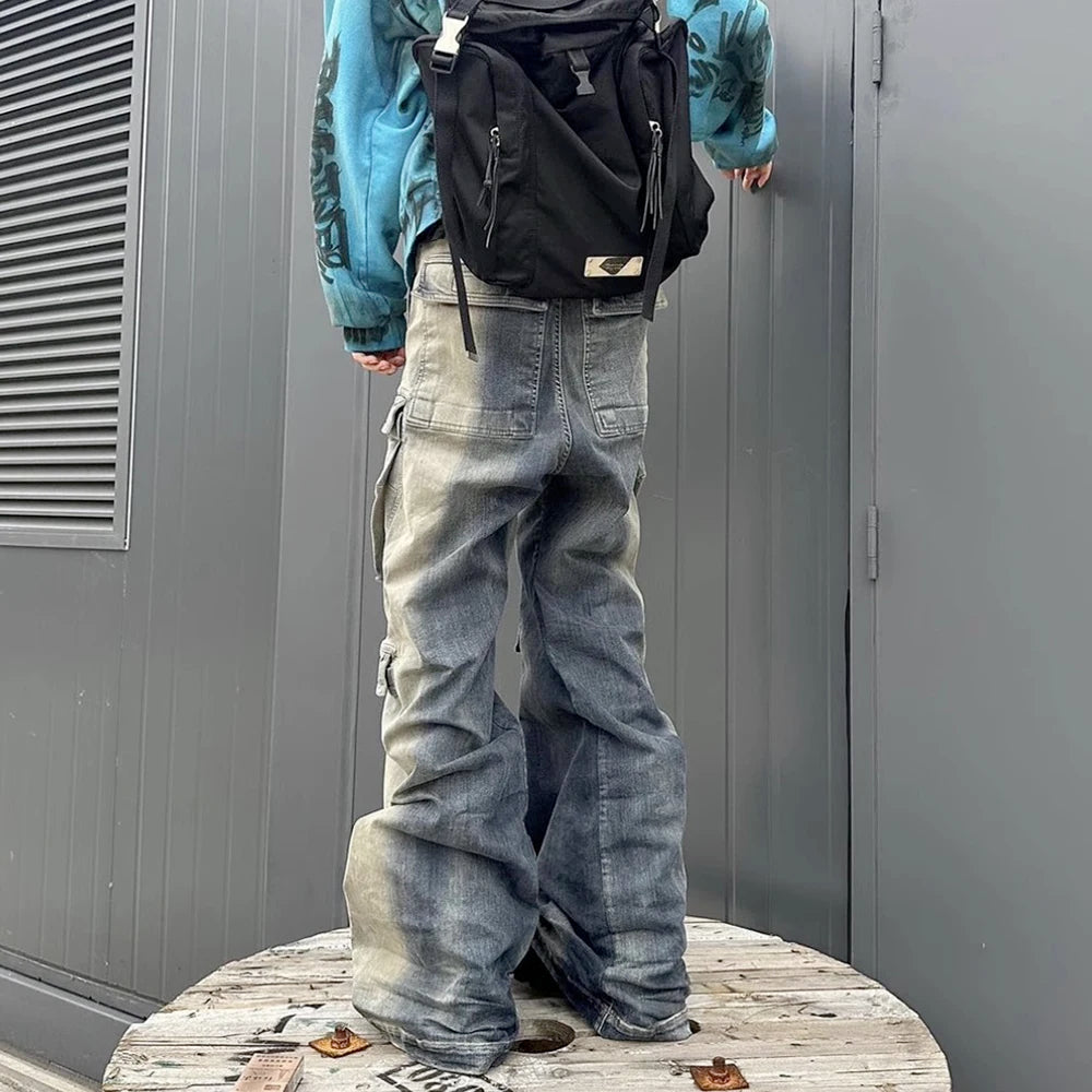Harajuku Style Gradient Ribbons Multi-Pocket Drawstring Jeans