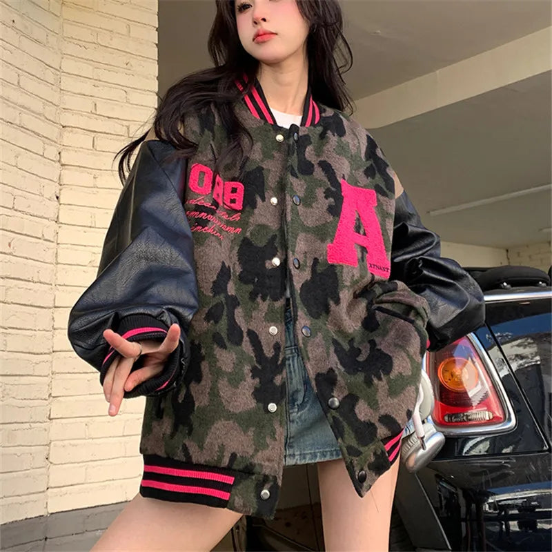 Harajuku Style Women Bomber Jacket - Embroidered Camouflage