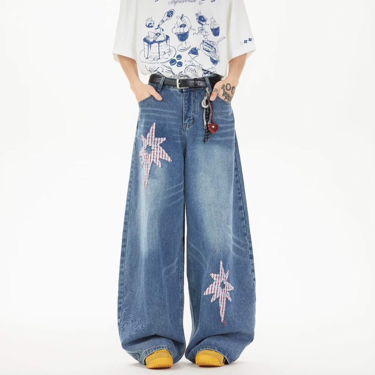 Retro Star Patch Embroidered Denim Wide Leg Pants