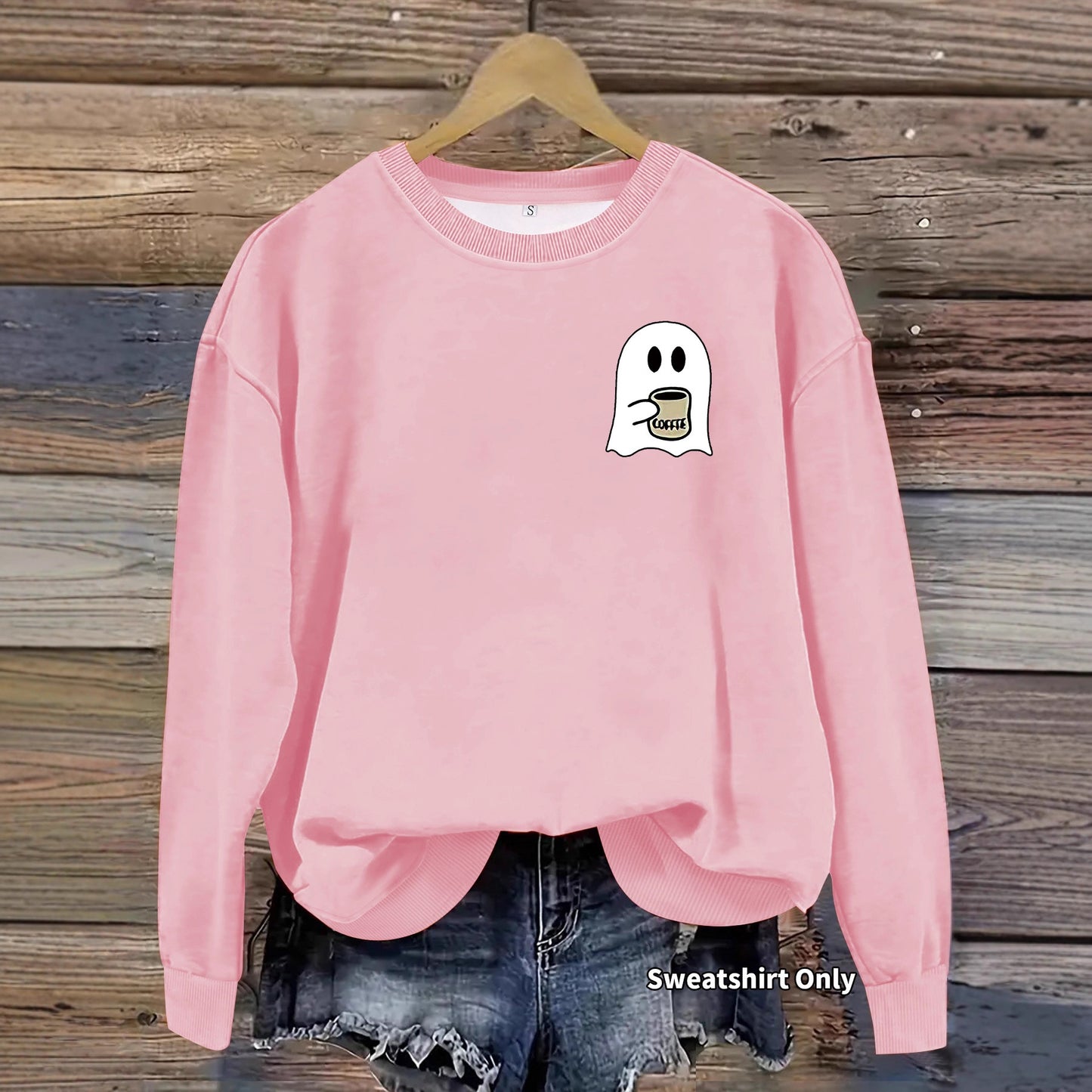 Casual Round Neck Long Sleeve Sweatshirt with Ghost Print