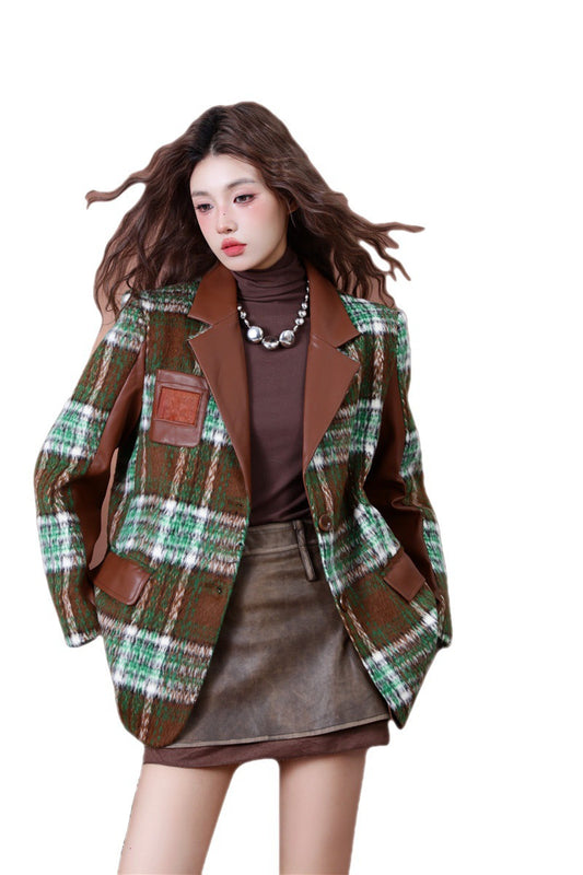 Fit Green Plaid Casual Woolen Coat for Women