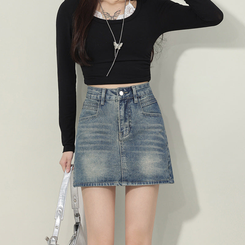 Unique Lazy Style Denim A-Line Skirt for Women, High Waist Slimming and Heightening Short Denim Skirt