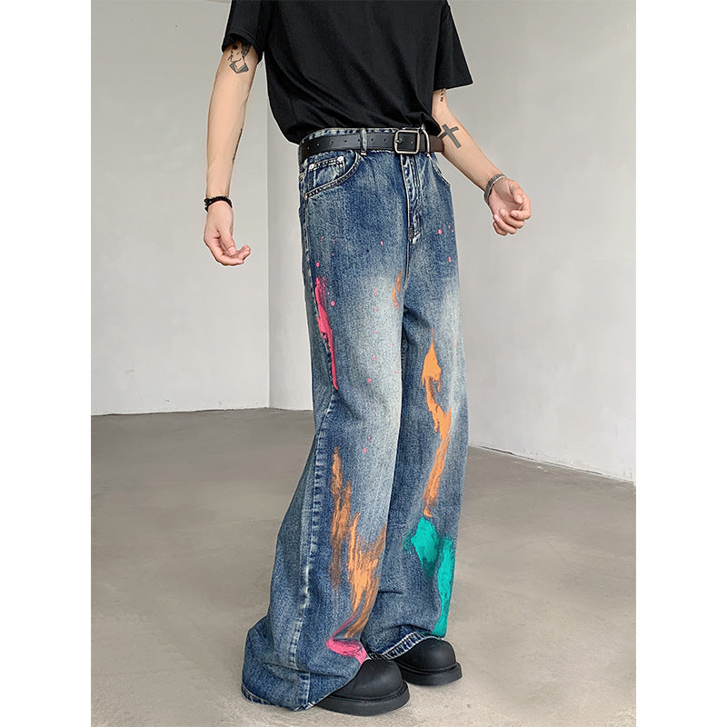Painted Denim Wide Leg Pants for Men