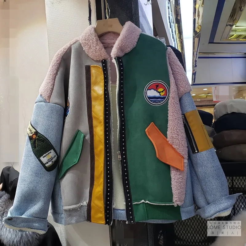 Harajuku Style Women's Suede Jacket - Thick Warm Faux Leather Coat