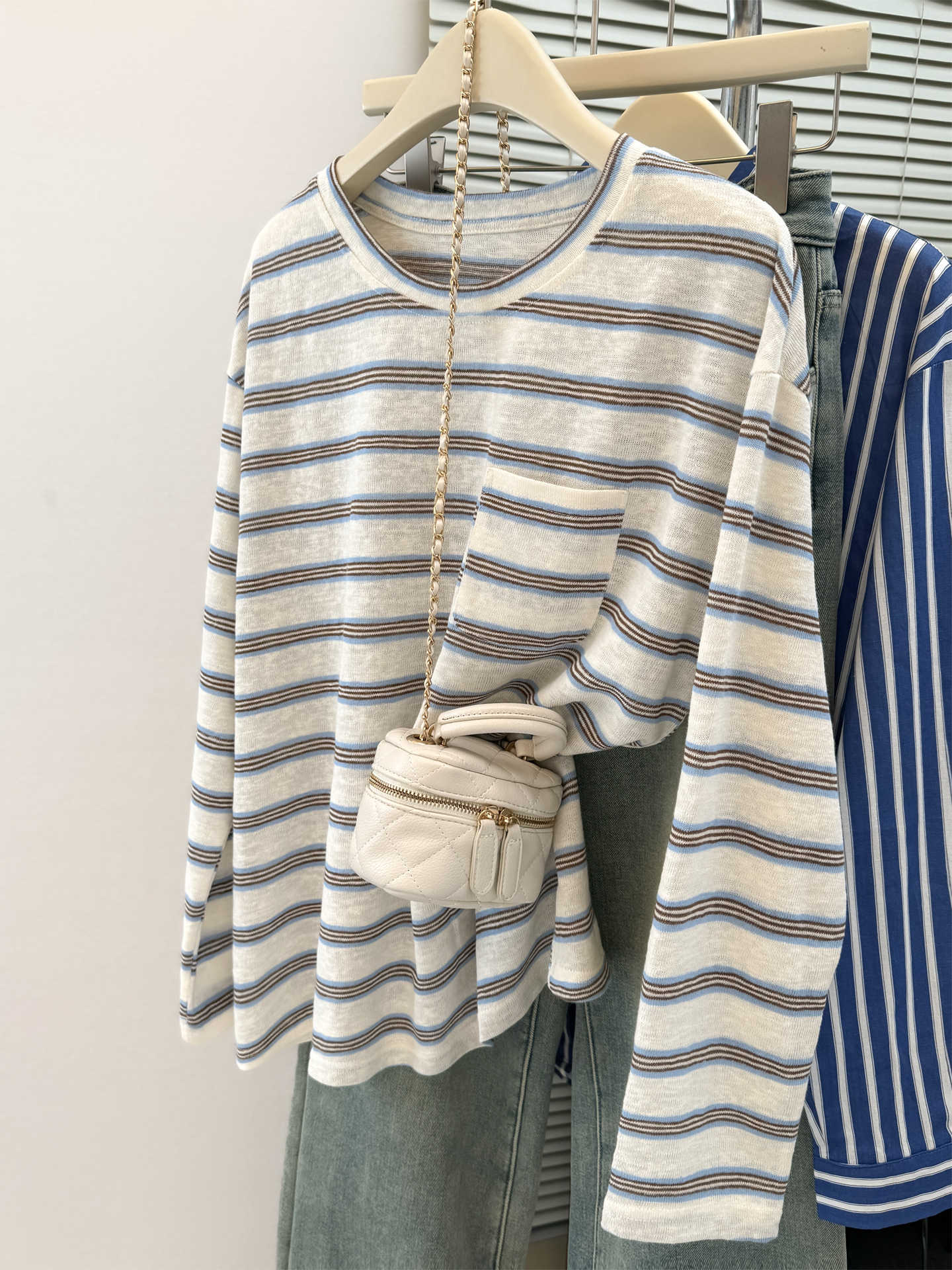Striped Long Sleeve T-Shirt with Pocket Design for Women