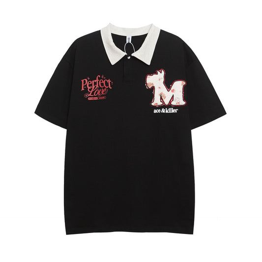 Retro Letter Embroidery Collar T-Shirt