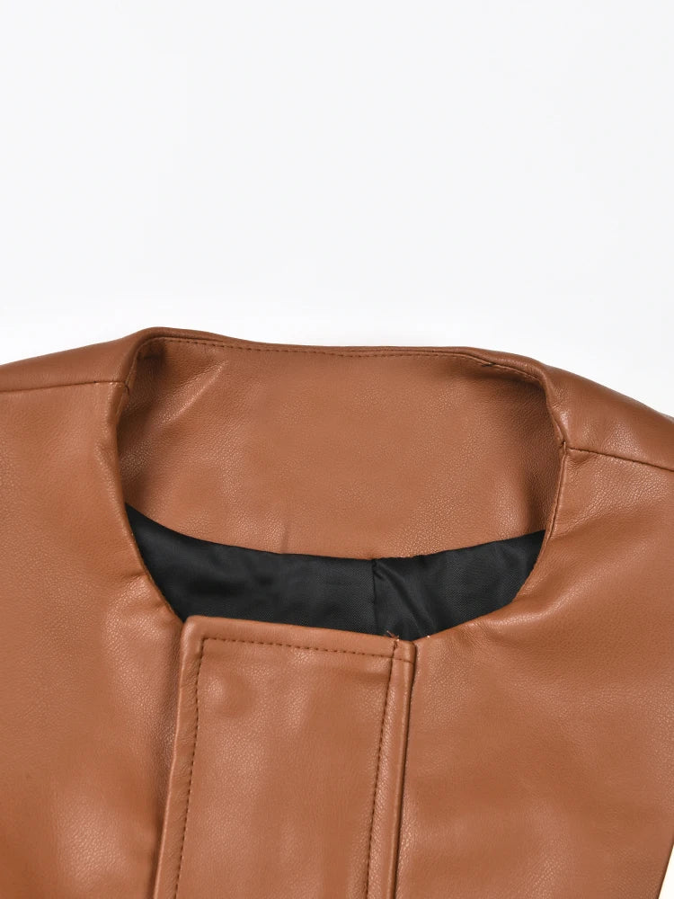 Color-Block Loose Fit PU Leather Jacket for Women
