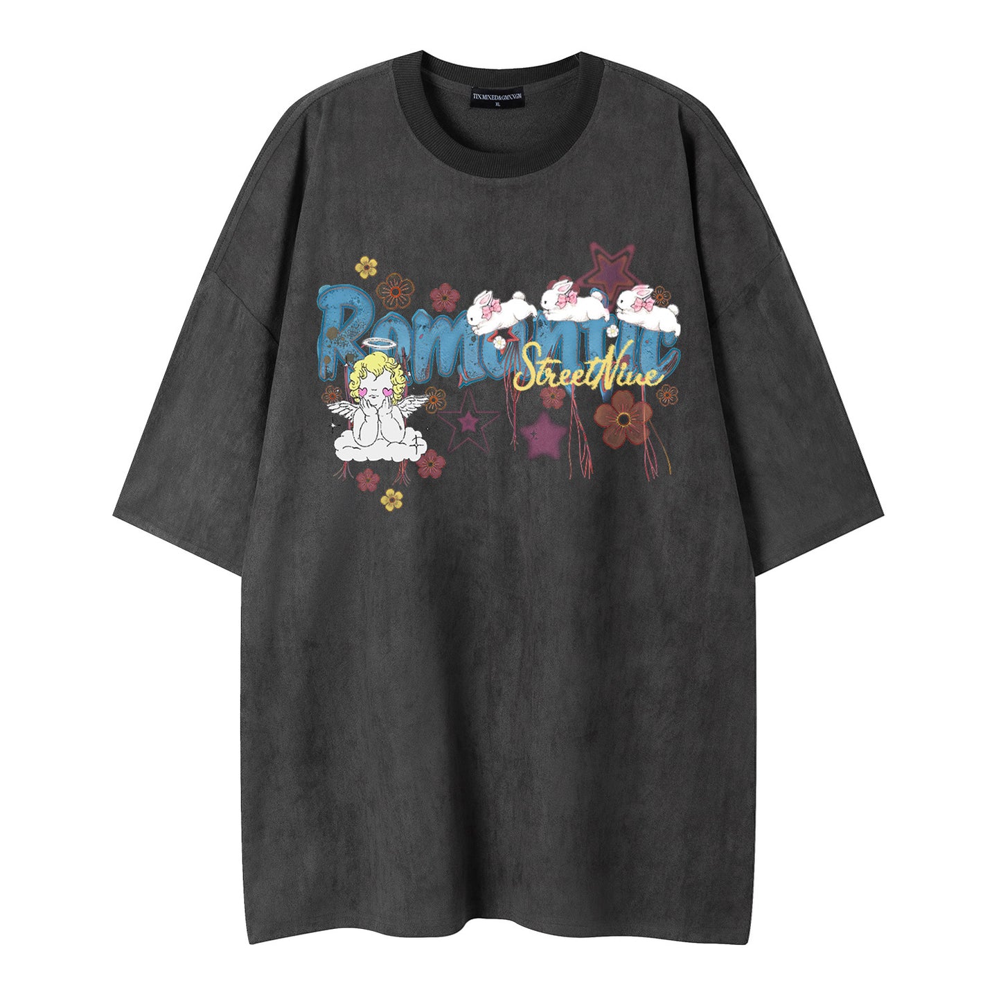 Romantic Angel Printed Short Sleeve — Harajuku Style Pink & Gray Cotton Blend Tee