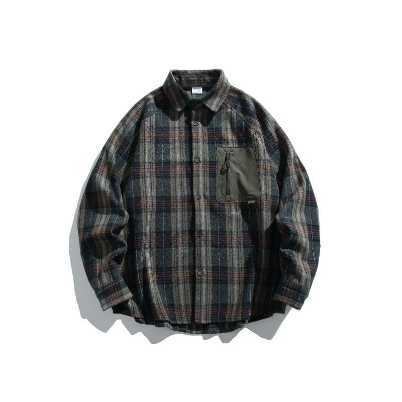 Color-Blocked Checkered Zipper Pocket Loose Long Sleeve Shirt