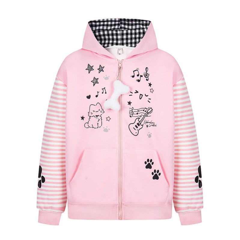 Print Hooded Zip-Up Sweatshirt Striped Patchwork Loose Outerwear Jacket