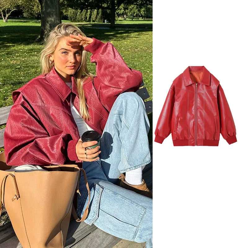 Faux Leather Oversized Bomber Jacket for Women