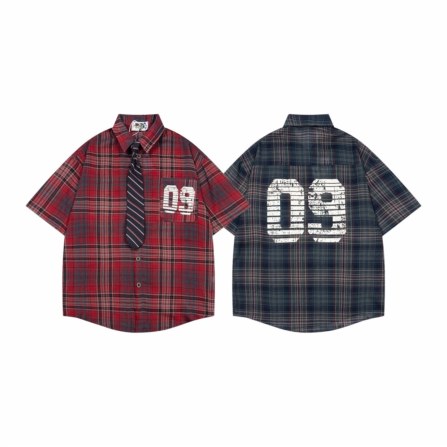 Retro College Plaid Shirt with Tie for Men & Women