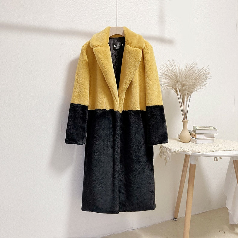 Mid-Length Mink Velvet Faux Fur Coat with Furry Collar
