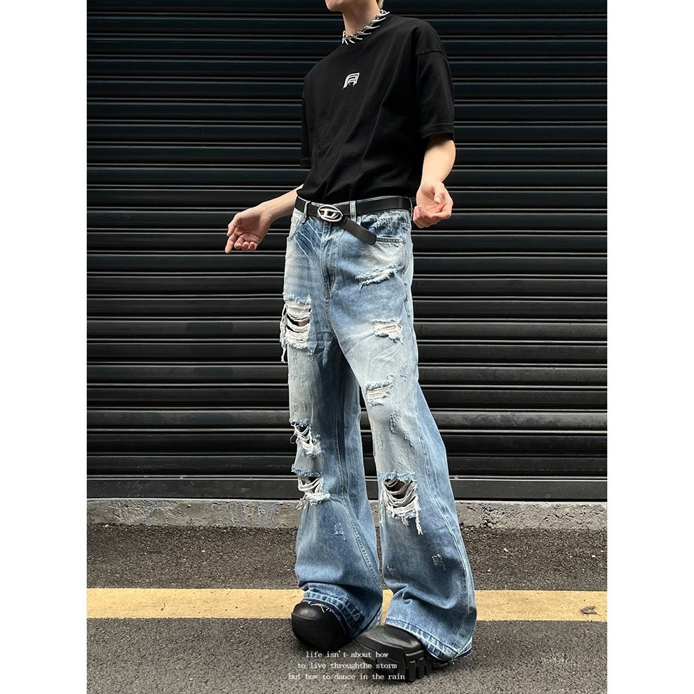 Vintage Washed Distressed Micro Flared Jeans
