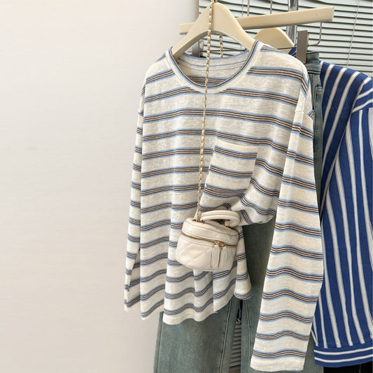 Striped Long Sleeve T-Shirt with Pocket Design for Women