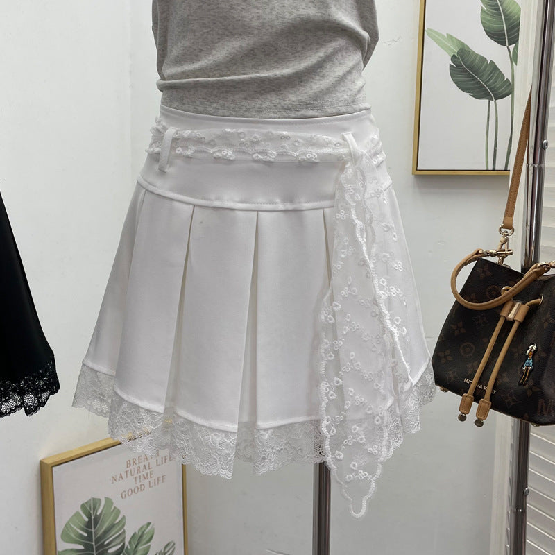 Solid Color Pleated Skirt with Lace Belt for Women