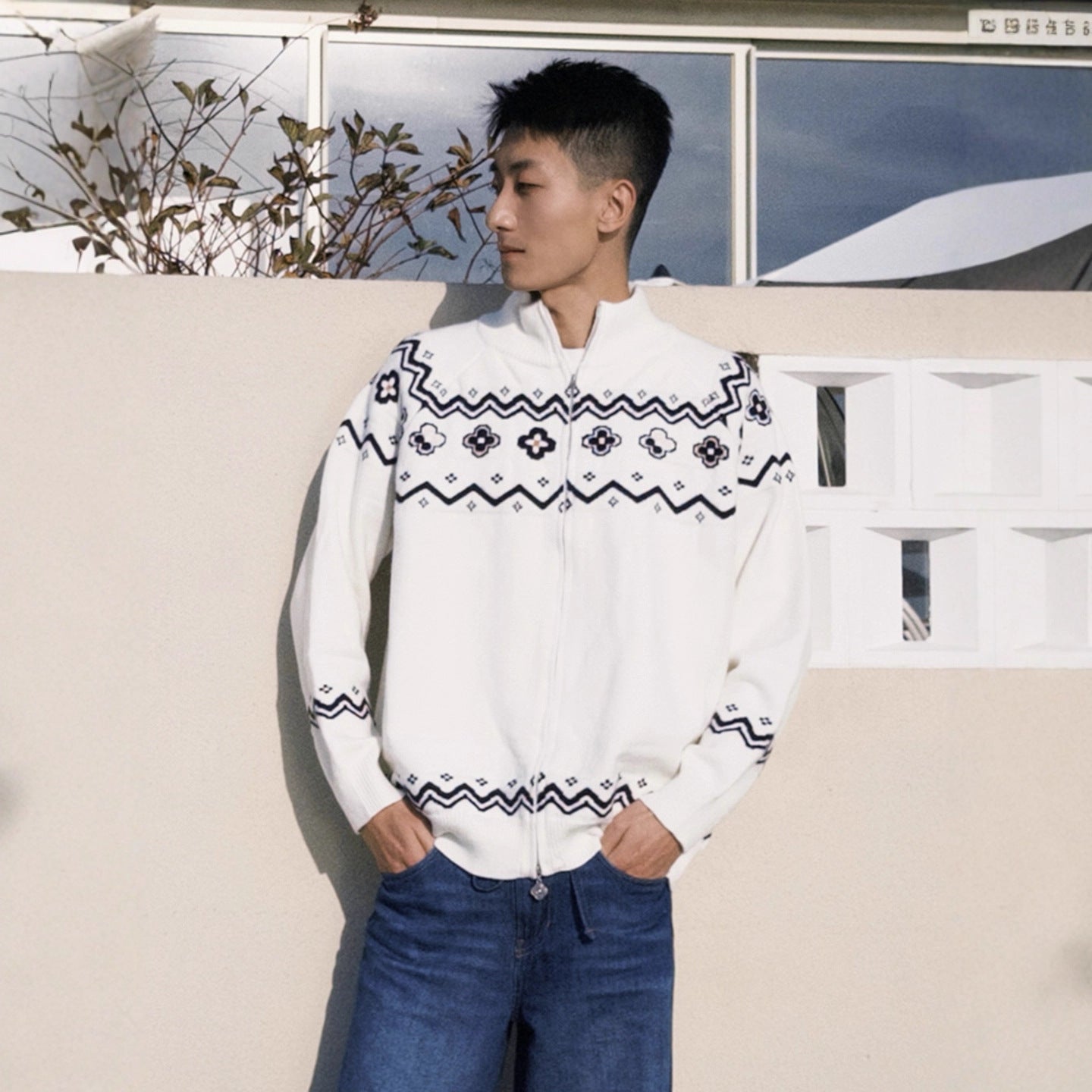 Fair Isle Floral Knit Cardigan for Men - Cozy Soft Knitwear Clean Fit Sweater Jacket