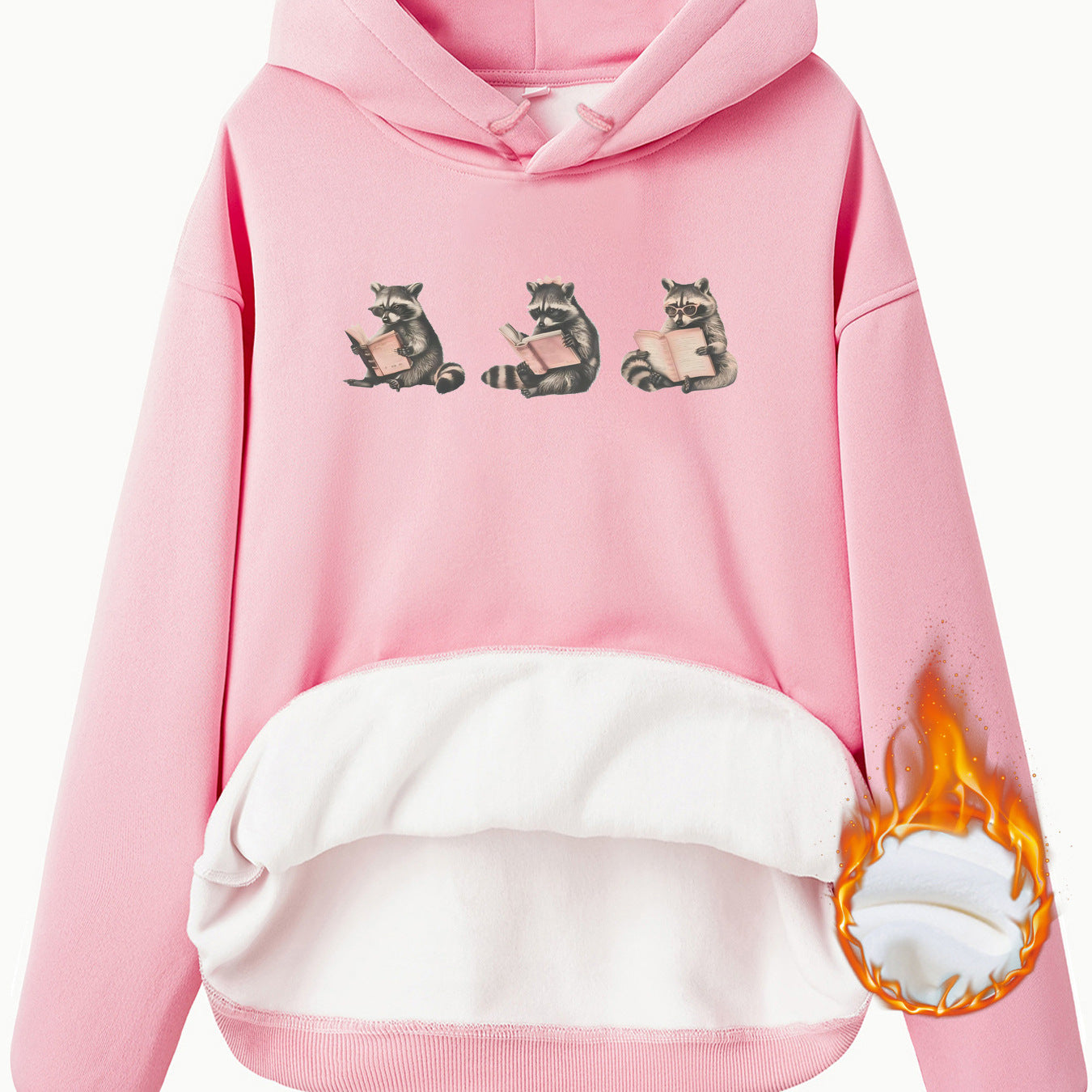 Hooded Long Sleeve Fleece Hoodie with Kangaroo Pocket and Raccoon Print