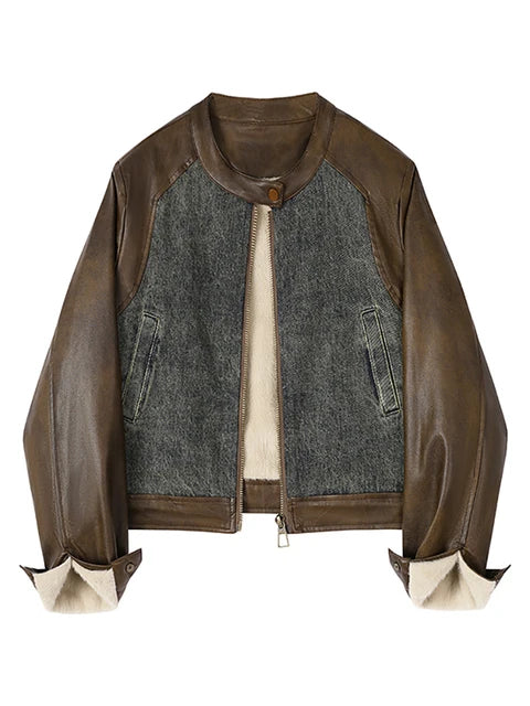 Harajuku Style Women's Denim Biker Coat with Patchwork