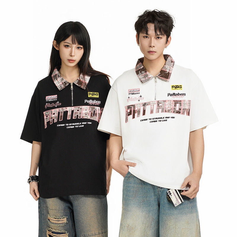 Embroidered Letter Polo - Half-Zip Short Sleeve