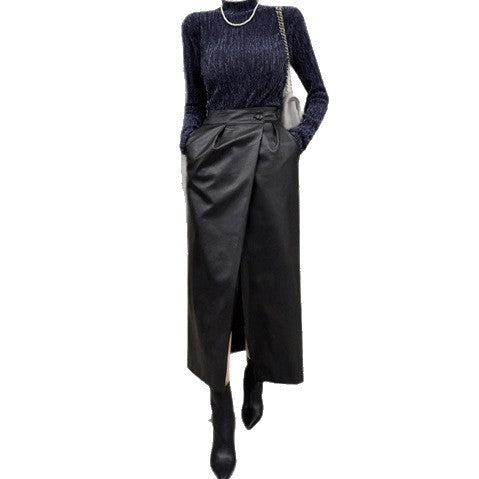 PU High-Waisted Midi Skirt for Women with Split Design