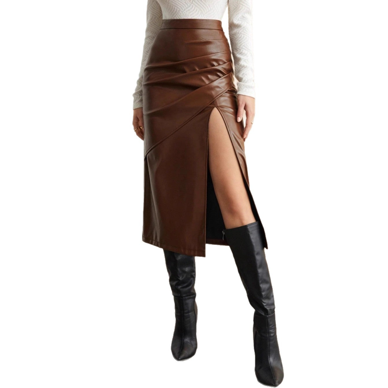 Solid Color High-Waisted Figure-Hugging Split Skirt