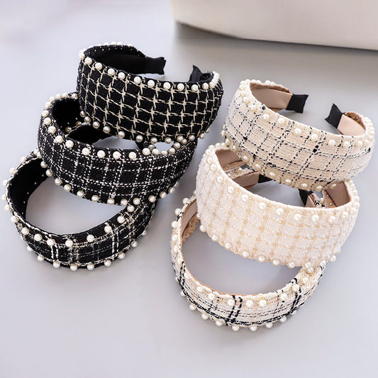 Nail Pearl Ethnic Plaid Hair Band