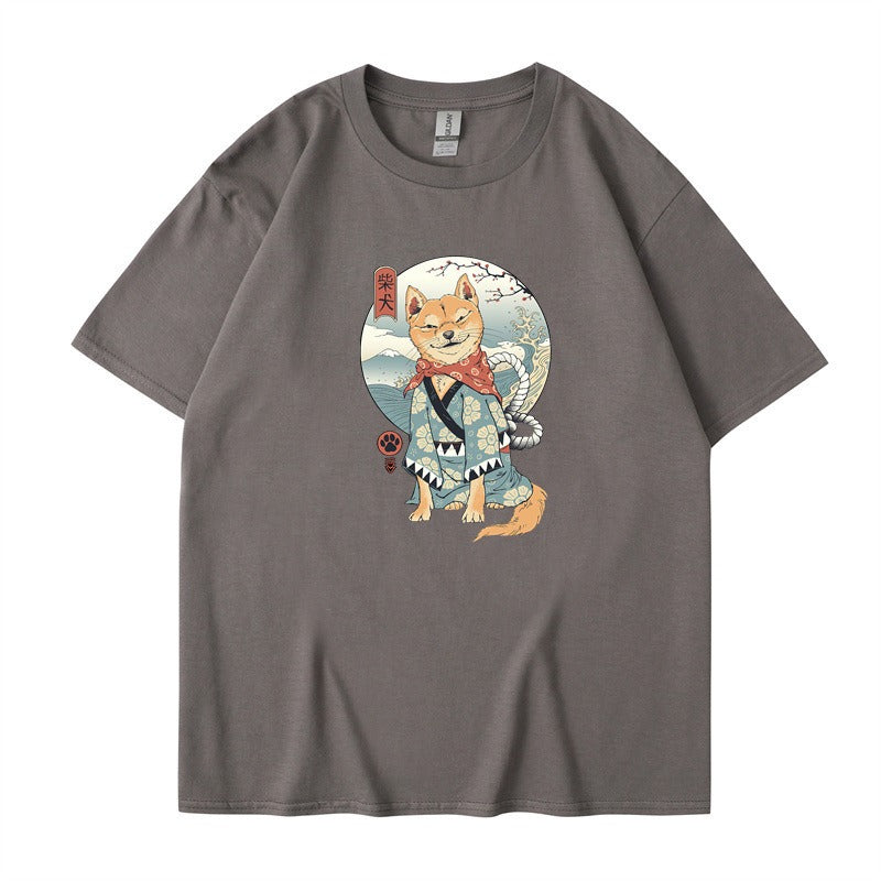 Chai Gou Ukiyo-e Style Shibu Inu Round Neck Short Sleeved Casual Top for Men