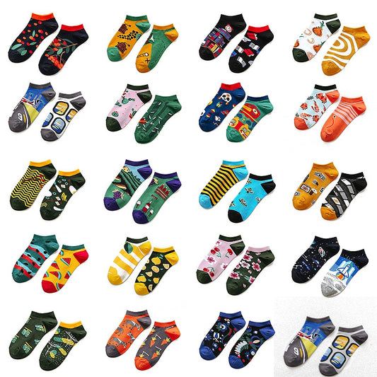 Playful Harajuku Men's Cotton Ankle Socks - Funny Animal & Fruit Designs