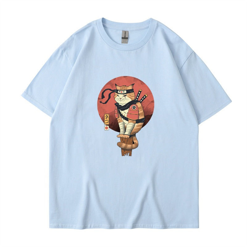 Ninja Cat Print T-Shirt - Short Sleeved Round Neck