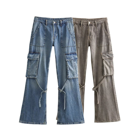 Y2K High Waist Wide Leg Denim Cargo Pants for Women