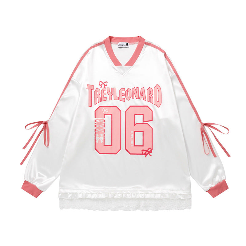 V-Neck Long Sleeve T-Shirt Women Loose Sports Style Sweater Top